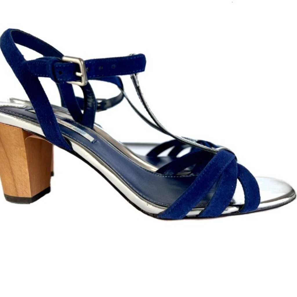 Boden Navy Silver Leather Straps Women Shoes Size 39/8 Us